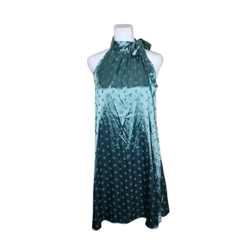Fensace Halter Bow Satin Polka Dot Short Dress Womens M Green